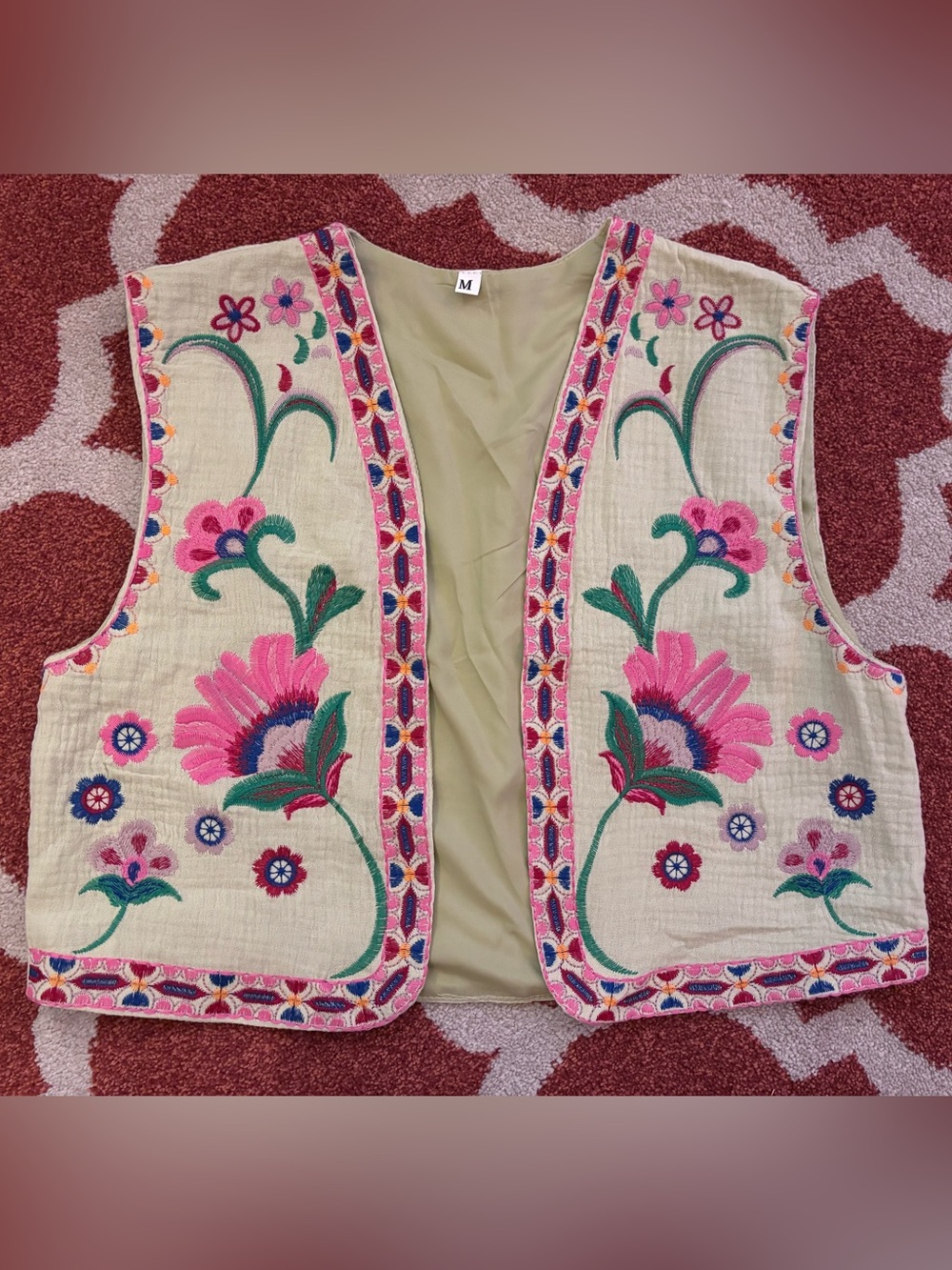 Embroidered Floral Vest in Cream with Pink & Green Accents